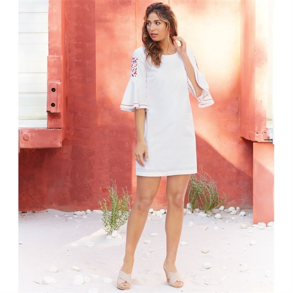 Mud Pie Mini White Dress with Embroidered Flared Mid Length Sleeves